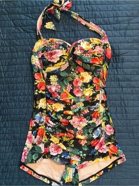Seafolly Black Floral One-Piece  Boyshort-style Swimsuit with Multicolor Blooms